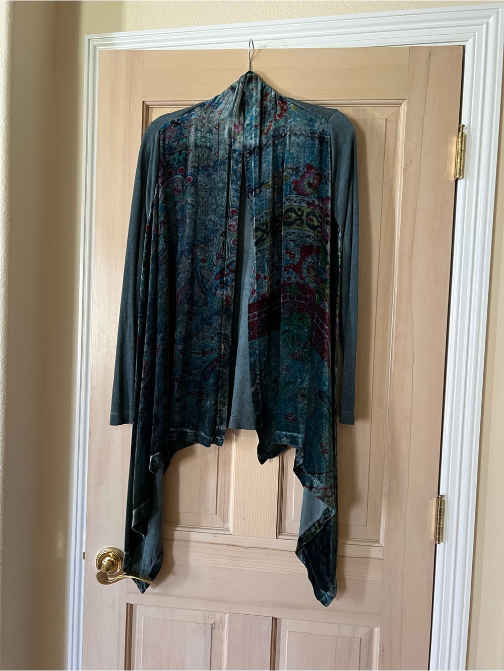 Johnny Was Teal Paisley Open-Front Draped Cardigan